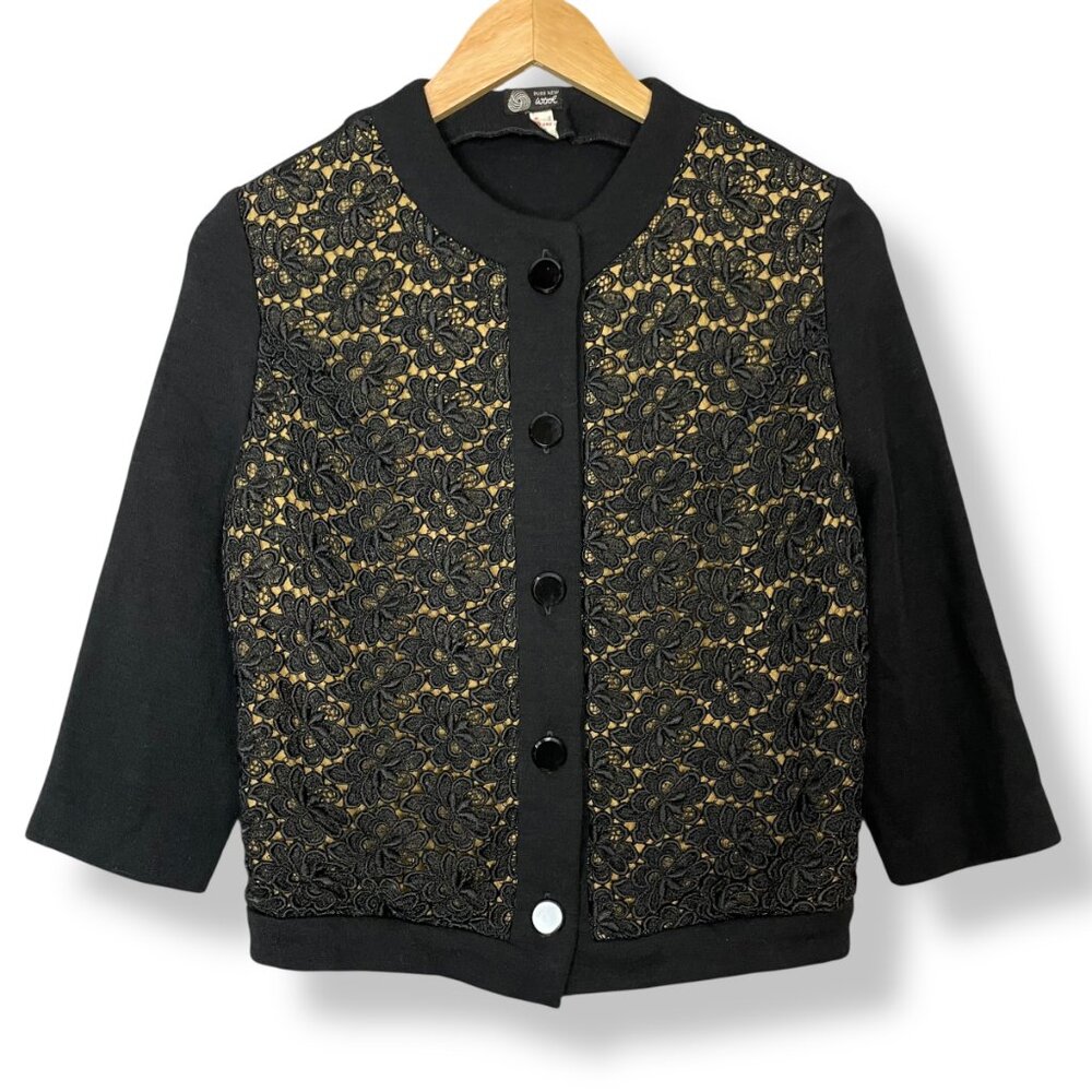 Vintage Wool Cardigan Sweater Lace Front Black 3/4 Length Sleeves Women Buttons‎
